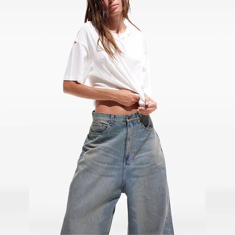 Customized Super Baggy Fit Classic Wash Mid Rise Jeans Women's Casual Sexy Denim Streetwear Trousers Loose Fit with Sexy Waist