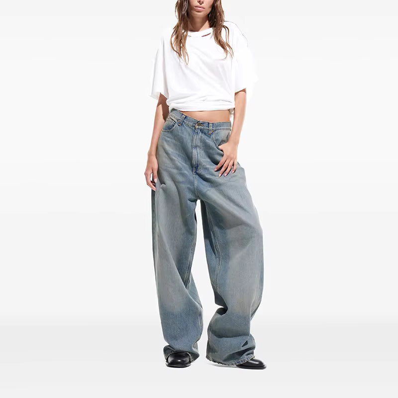 Customized Super Baggy Fit Classic Wash Mid Rise Jeans Women's Casual Sexy Denim Streetwear Trousers Loose Fit with Sexy Waist